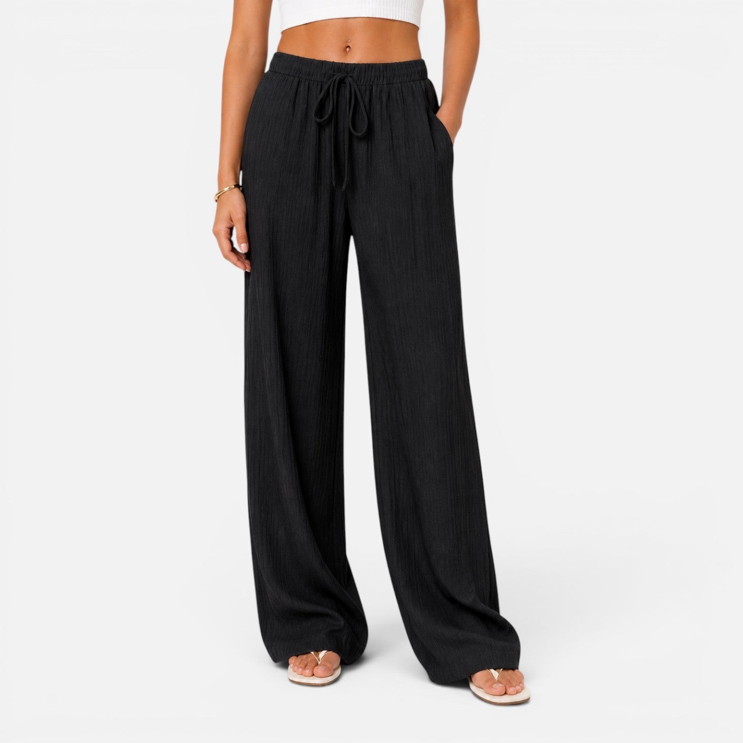 Wide Leg Trousers Pink Textured Women's Drawstring High Waist – Casual, Holiday, Office, Beach