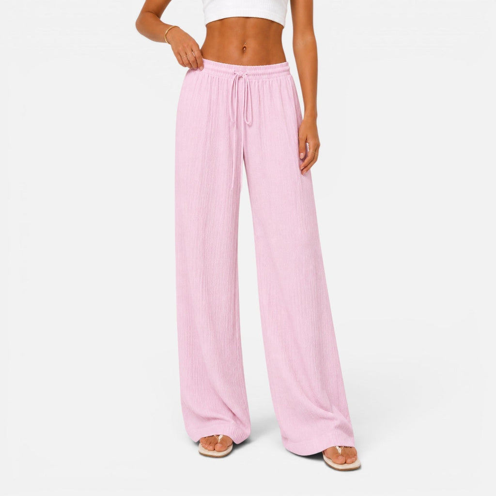 Wide Leg Trousers Pink Textured Women's Drawstring High Waist – Casual, Holiday, Office, Beach