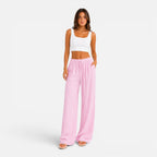Wide Leg Trousers Pink Textured Women's Drawstring High Waist – Casual, Holiday, Office, Beach