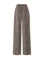 Wide-Leg Trousers Plaid Houndstooth Women's High-Waist – Office, Casual, Holiday, Gift