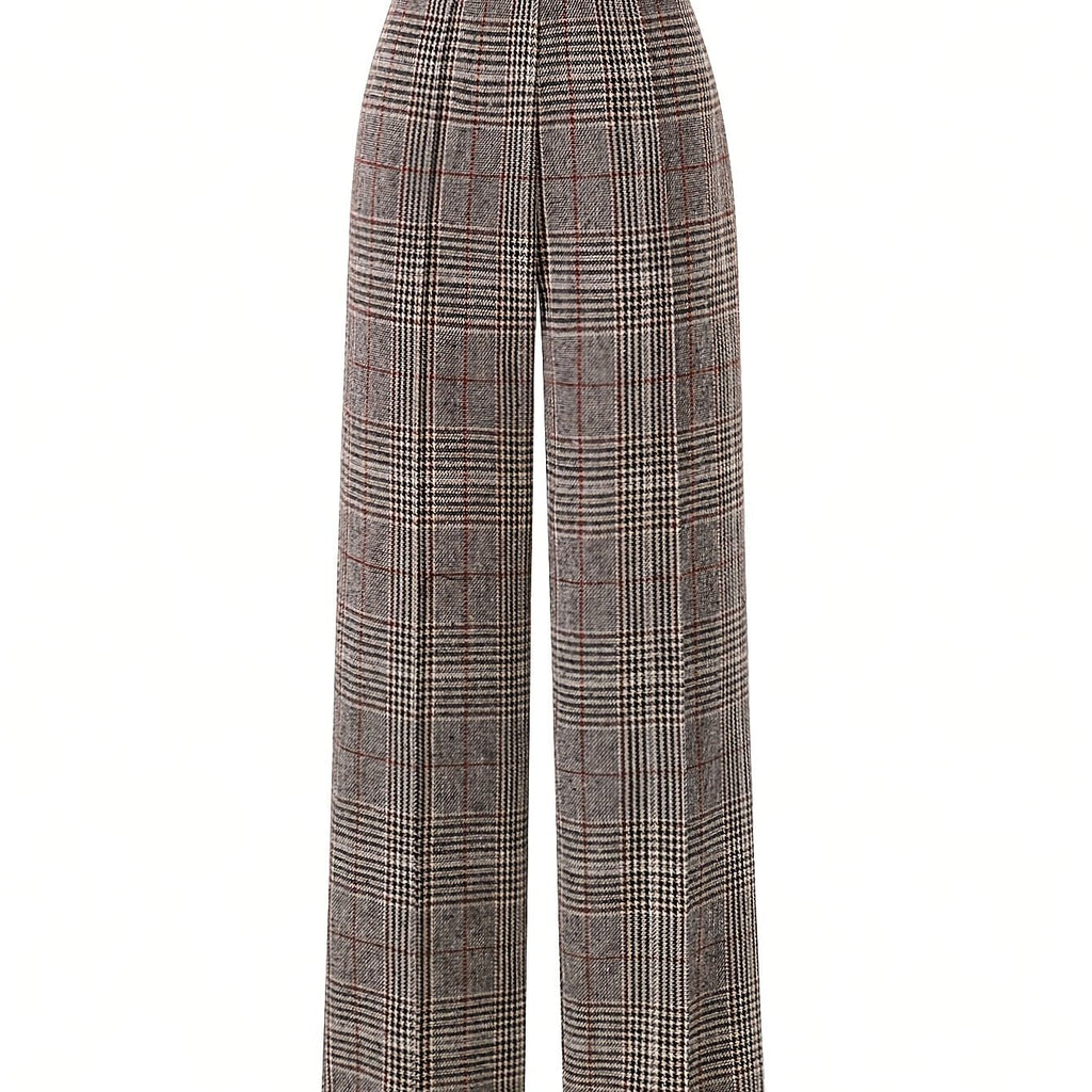 Wide-Leg Trousers Plaid Houndstooth Women's High-Waist – Office, Casual, Holiday, Gift