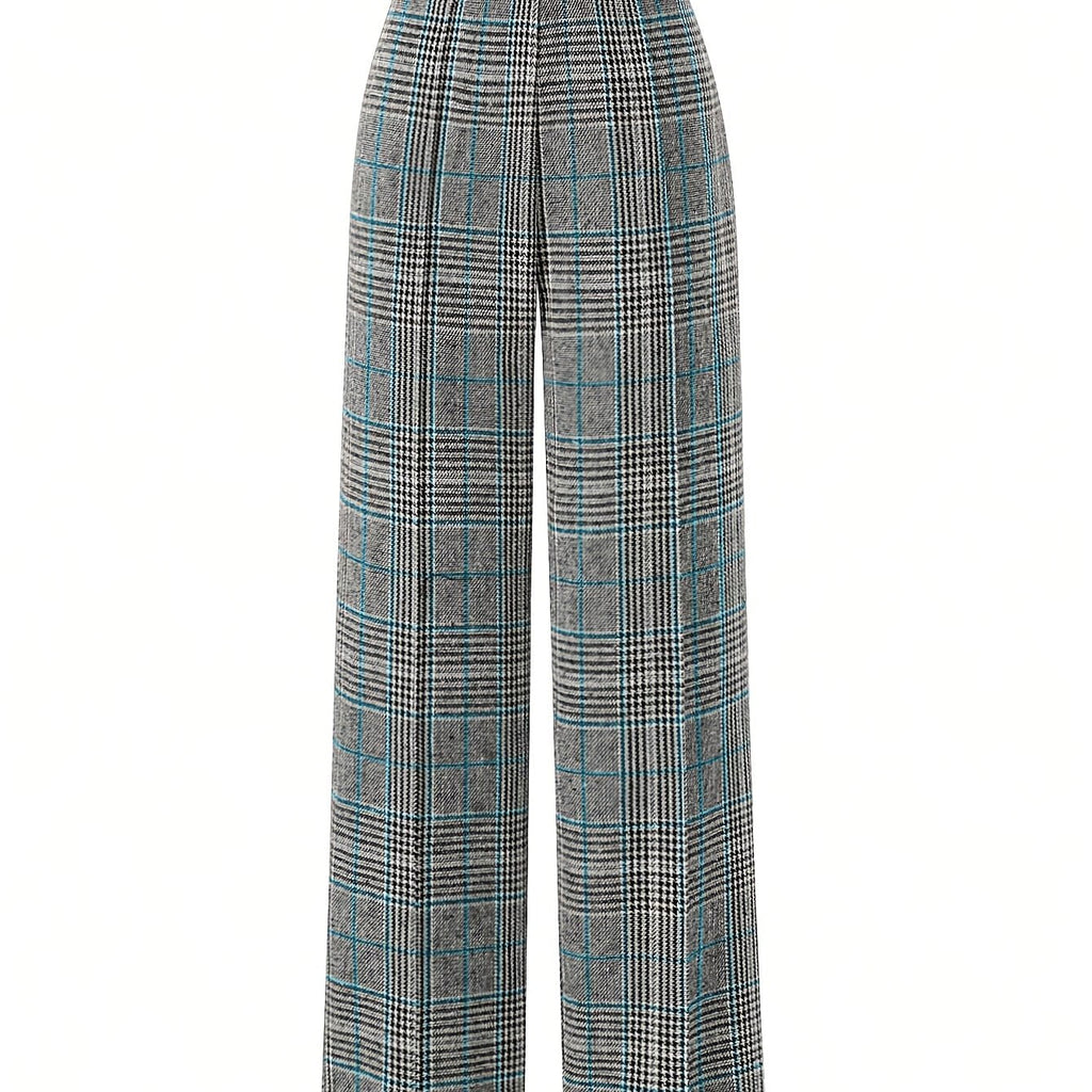 Wide-Leg Trousers Plaid Houndstooth Women's High-Waist – Office, Casual, Holiday, Gift