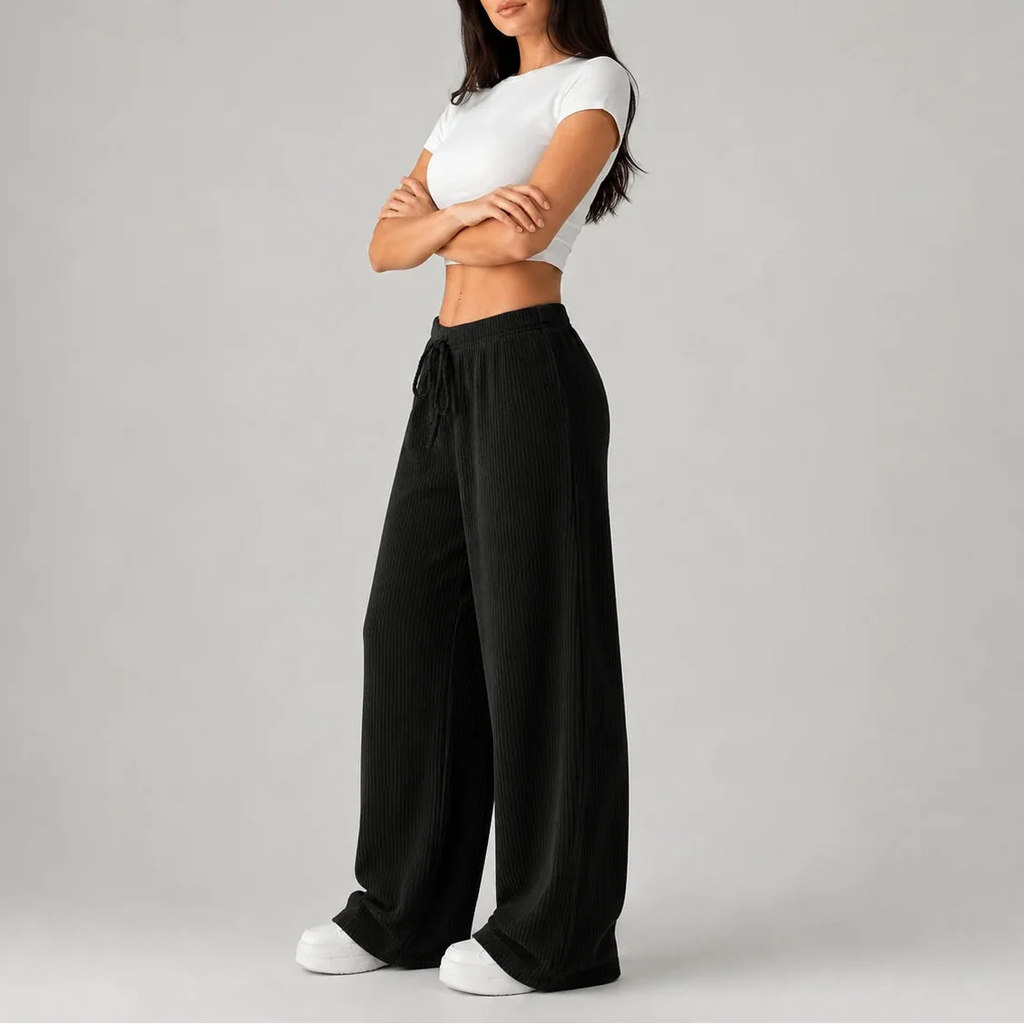 Wide Leg Trousers Ribbed Black Women's Drawstring High Waist – Casual, Lounge, Office Comfort