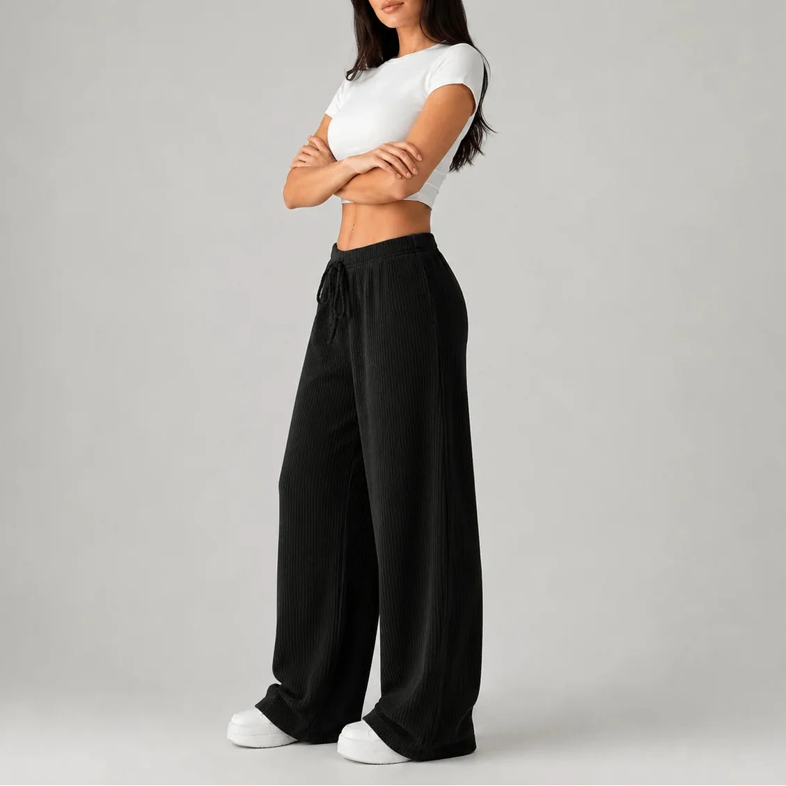Wide Leg Trousers Ribbed Black Women's Drawstring High Waist – Casual, Lounge, Office Comfort