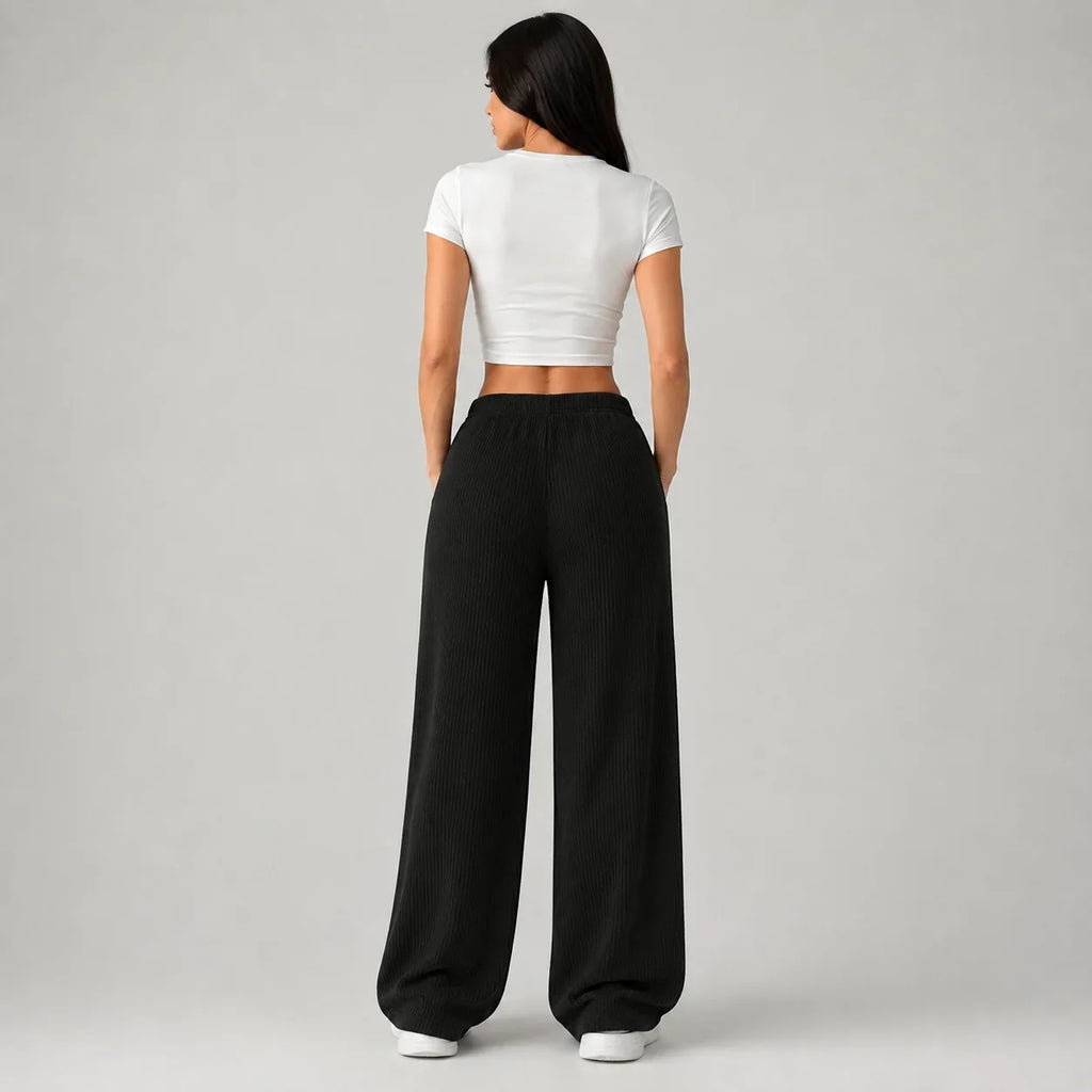 Wide Leg Trousers Ribbed Black Women's Drawstring High Waist – Casual, Lounge, Office Comfort