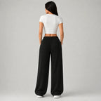 Wide Leg Trousers Ribbed Black Women's Drawstring High Waist – Casual, Lounge, Office Comfort