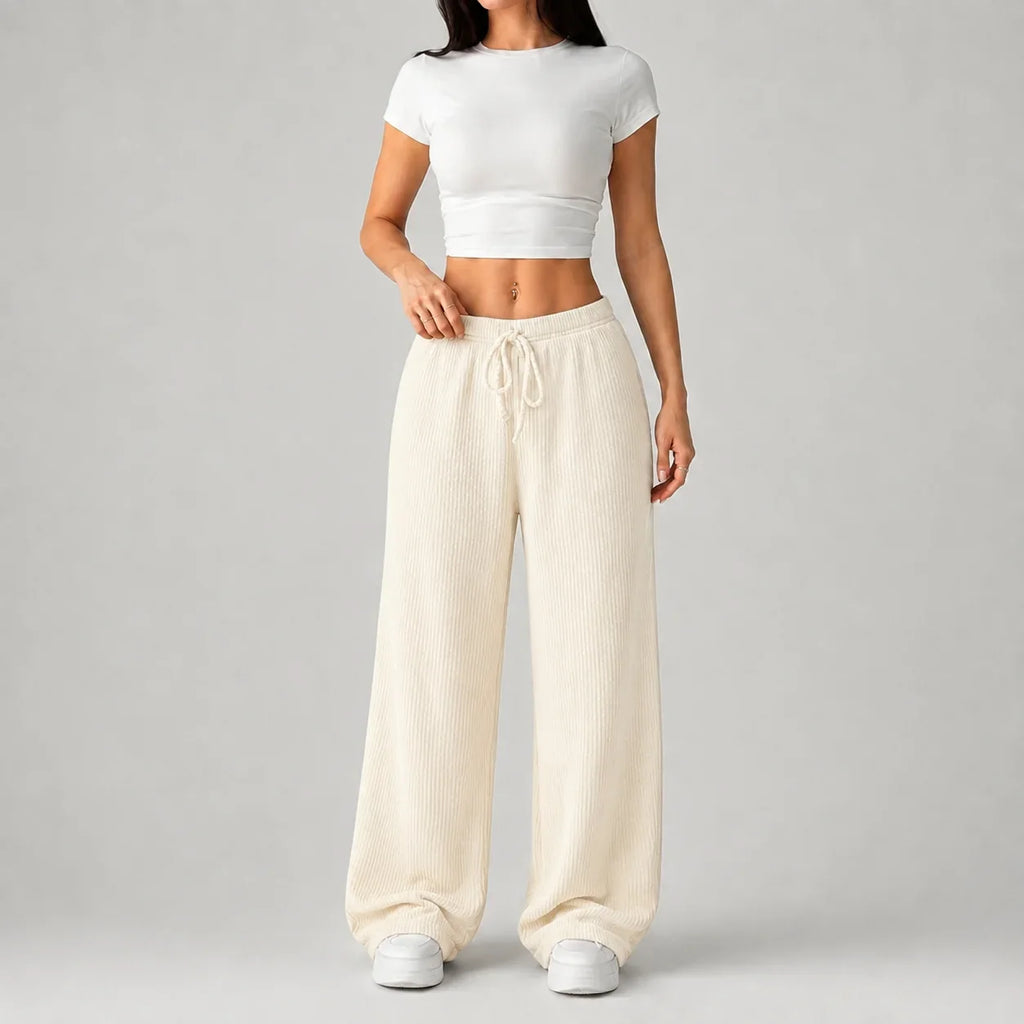 Wide Leg Trousers Ribbed Black Women's Drawstring High Waist – Casual, Lounge, Office Comfort
