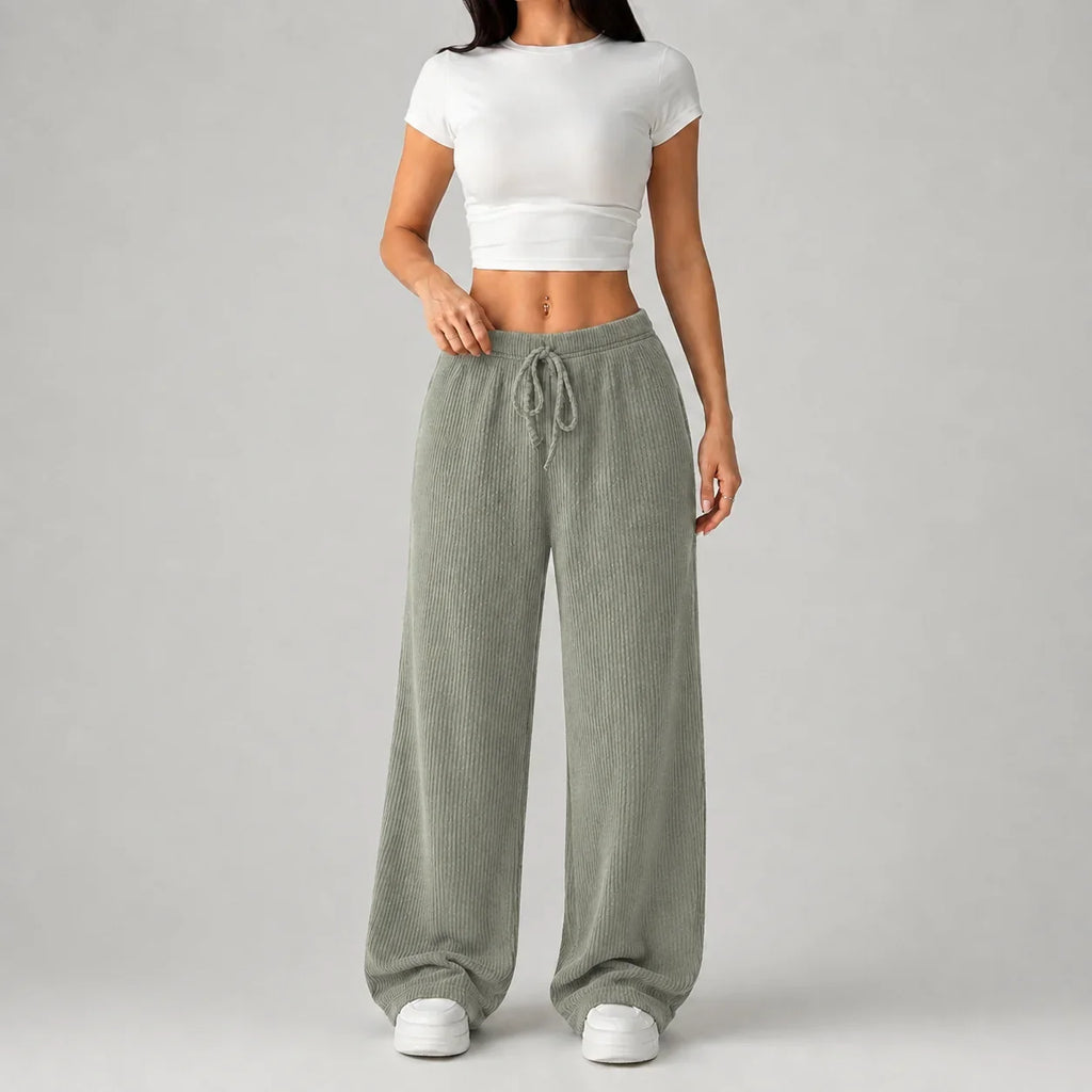 Wide Leg Trousers Ribbed Black Women's Drawstring High Waist – Casual, Lounge, Office Comfort