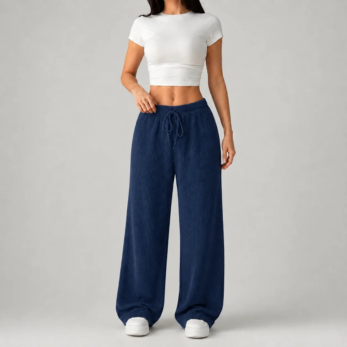 Wide Leg Trousers Ribbed Black Women's Drawstring High Waist – Casual, Lounge, Office Comfort