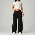 Wide Leg Trousers Ribbed Black Women's Drawstring High Waist – Casual, Lounge, Office Comfort