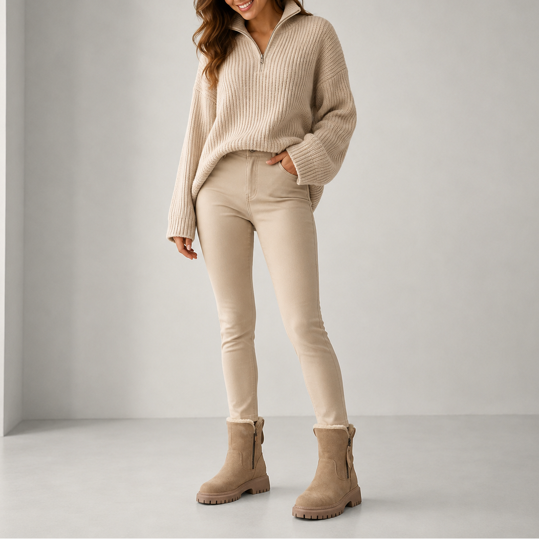 Winter Ankle Boots Faux Fur Lined Chunky Sole Women's Beige Side Zip – Casual, Cold Weather, Everyday