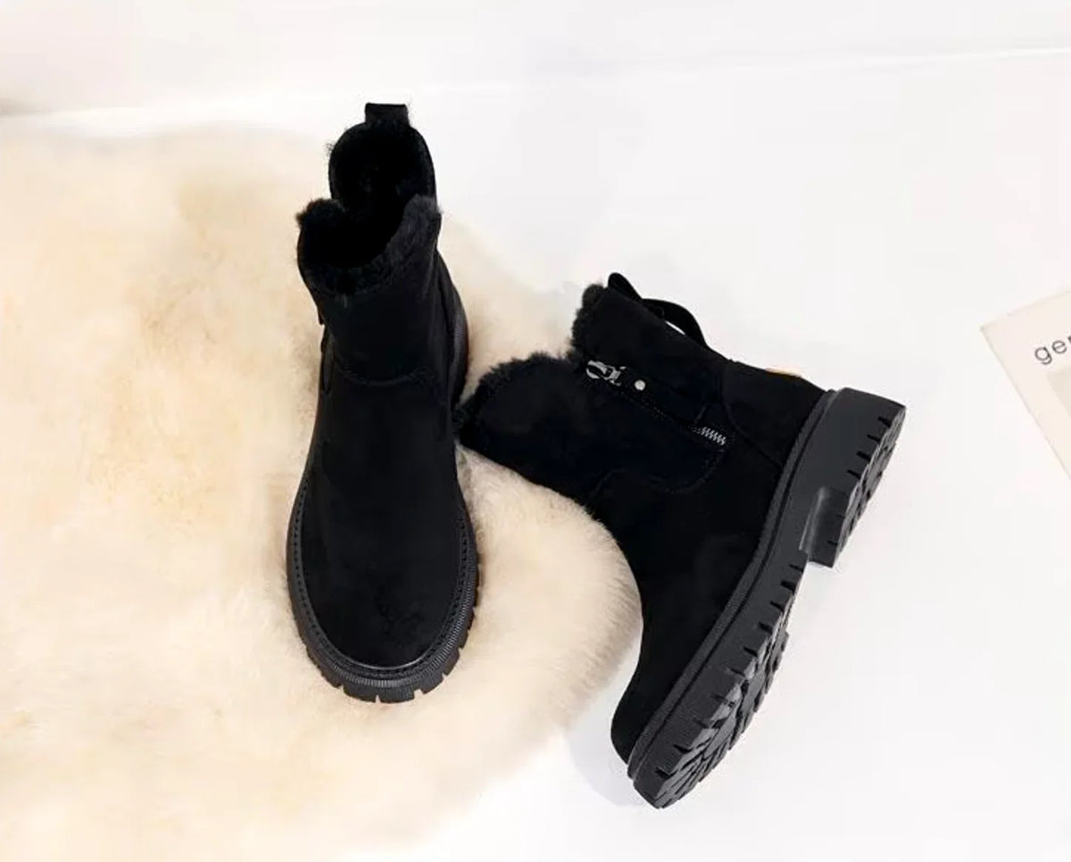 Winter Ankle Boots Faux Fur Lined Chunky Sole Women's Beige Side Zip – Casual, Cold Weather, Everyday