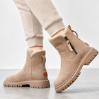 Winter Ankle Boots Faux Fur Lined Chunky Sole Women's Beige Side Zip – Casual, Cold Weather, Everyday
