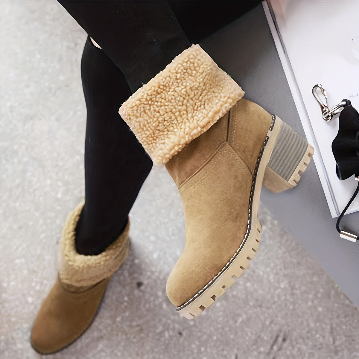 Winter Ankle Boots Women's Suede Fleece Cuff Block Heel – Casual, Warm Snow Footwear for Cold Weather