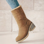 Winter Ankle Boots Women's Suede Fleece Cuff Block Heel – Casual, Warm Snow Footwear for Cold Weather