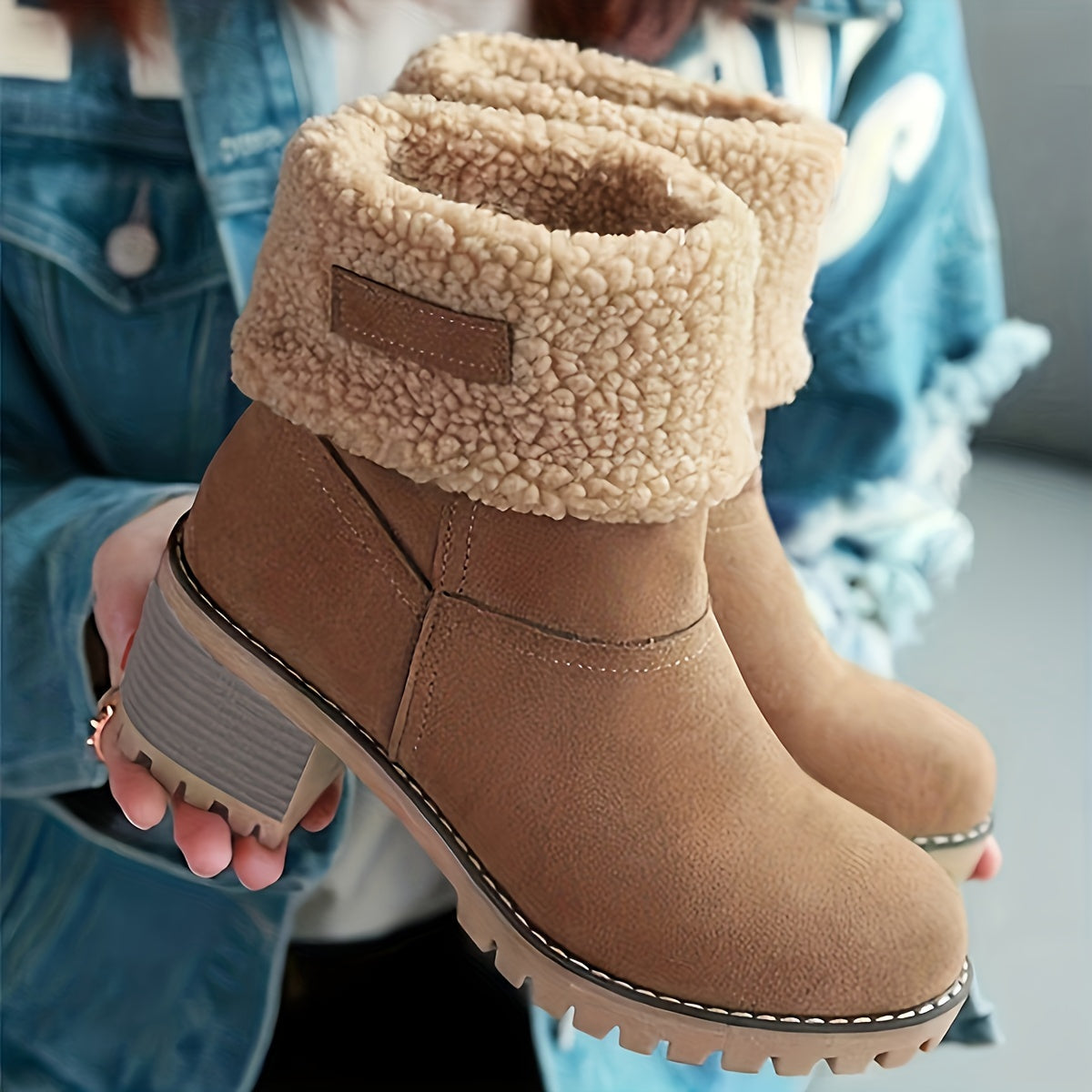 Winter Ankle Boots Women's Suede Fleece Cuff Block Heel – Casual, Warm Snow Footwear for Cold Weather