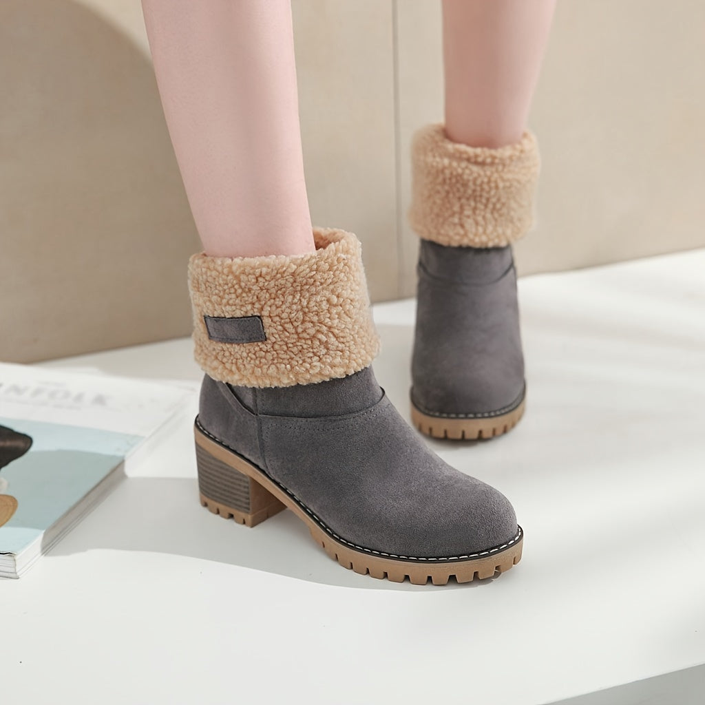 Winter Ankle Boots Women's Suede Fleece Cuff Block Heel – Casual, Warm Snow Footwear for Cold Weather