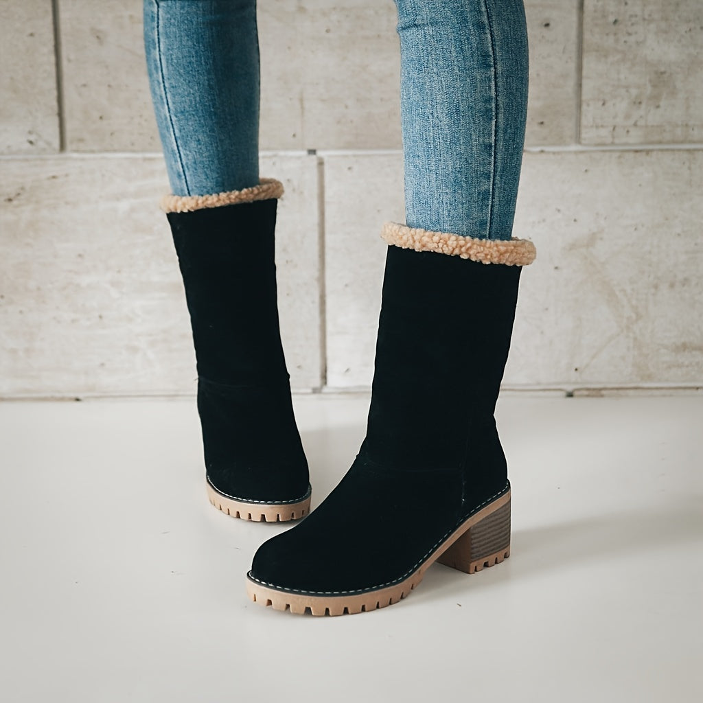 Winter Ankle Boots Women's Suede Fleece Cuff Block Heel – Casual, Warm Snow Footwear for Cold Weather