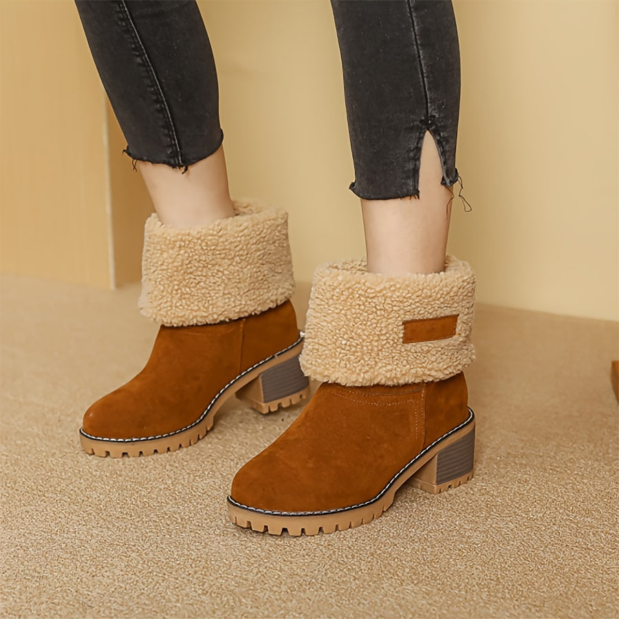 Winter Ankle Boots Women's Suede Fleece Cuff Block Heel – Casual, Warm Snow Footwear for Cold Weather