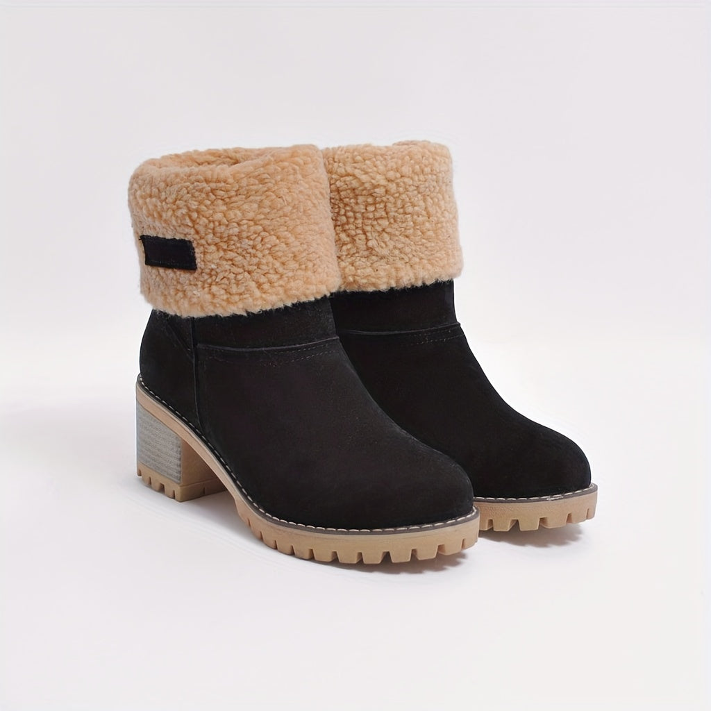 Winter Ankle Boots Women's Suede Fleece Cuff Block Heel – Casual, Warm Snow Footwear for Cold Weather
