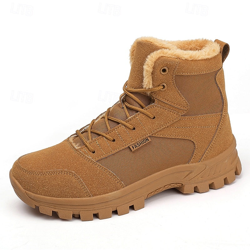Winter Boots Fleece-Lined Suede Men's Ankle Snow Boots Khaki – Hiking, Outdoor, Cold Weather, Casual