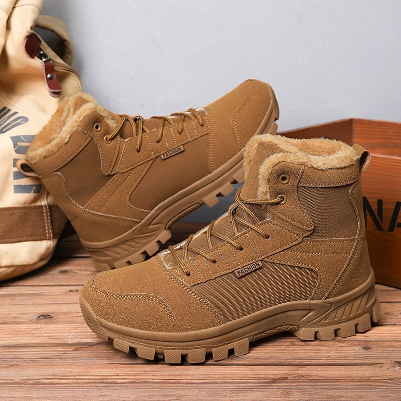 Winter Boots Fleece-Lined Suede Men's Ankle Snow Boots Khaki – Hiking, Outdoor, Cold Weather, Casual