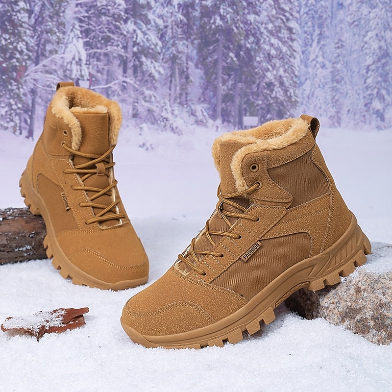 Winter Boots Fleece-Lined Suede Men's Ankle Snow Boots Khaki – Hiking, Outdoor, Cold Weather, Casual