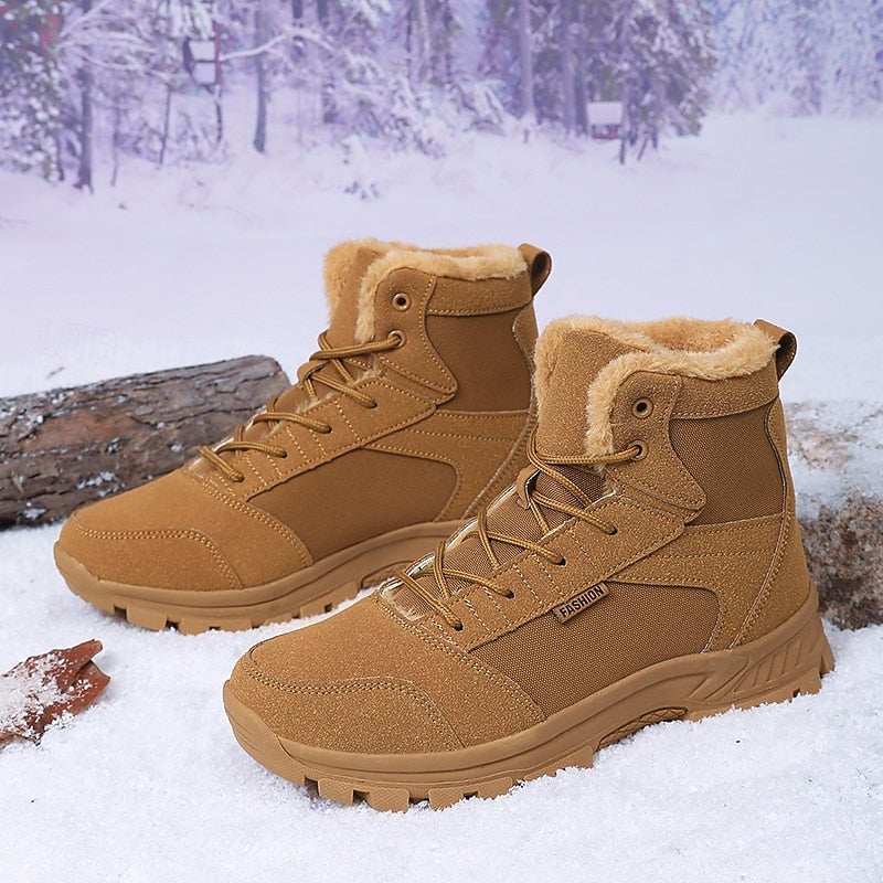 Winter Boots Fleece-Lined Suede Men's Ankle Snow Boots Khaki – Hiking, Outdoor, Cold Weather, Casual