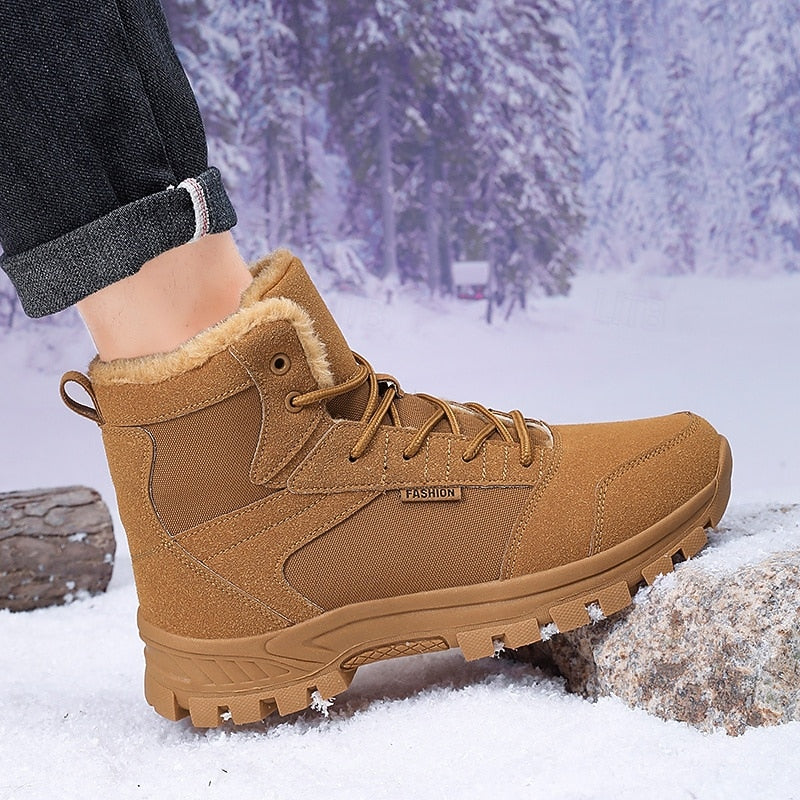 Winter Boots Fleece-Lined Suede Men's Ankle Snow Boots Khaki – Hiking, Outdoor, Cold Weather, Casual