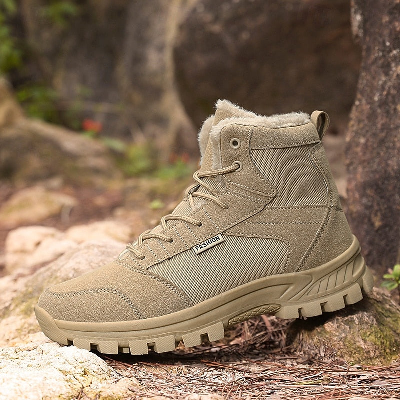 Winter Boots Fleece-Lined Suede Men's Ankle Snow Boots Khaki – Hiking, Outdoor, Cold Weather, Casual