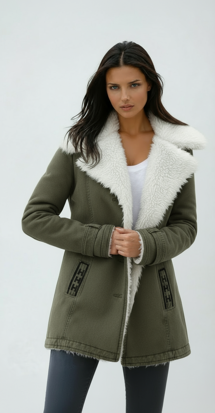 Winter Coat Wool Blend Green Women's Sherpa Fleece-Lined Jacket – Casual, Office, Holiday, Gift