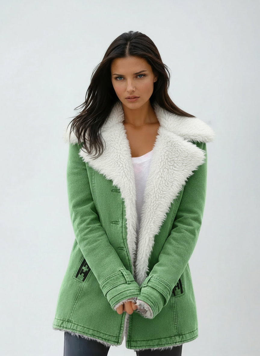 Winter Coat Wool Blend Green Women's Sherpa Fleece-Lined Jacket – Casual, Office, Holiday, Gift