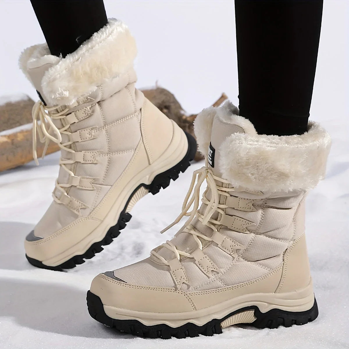 Winter Snow Boots Women's Faux Fur Lined Beige Lace-Up – Casual, Outdoor, Cold Weather, Gift