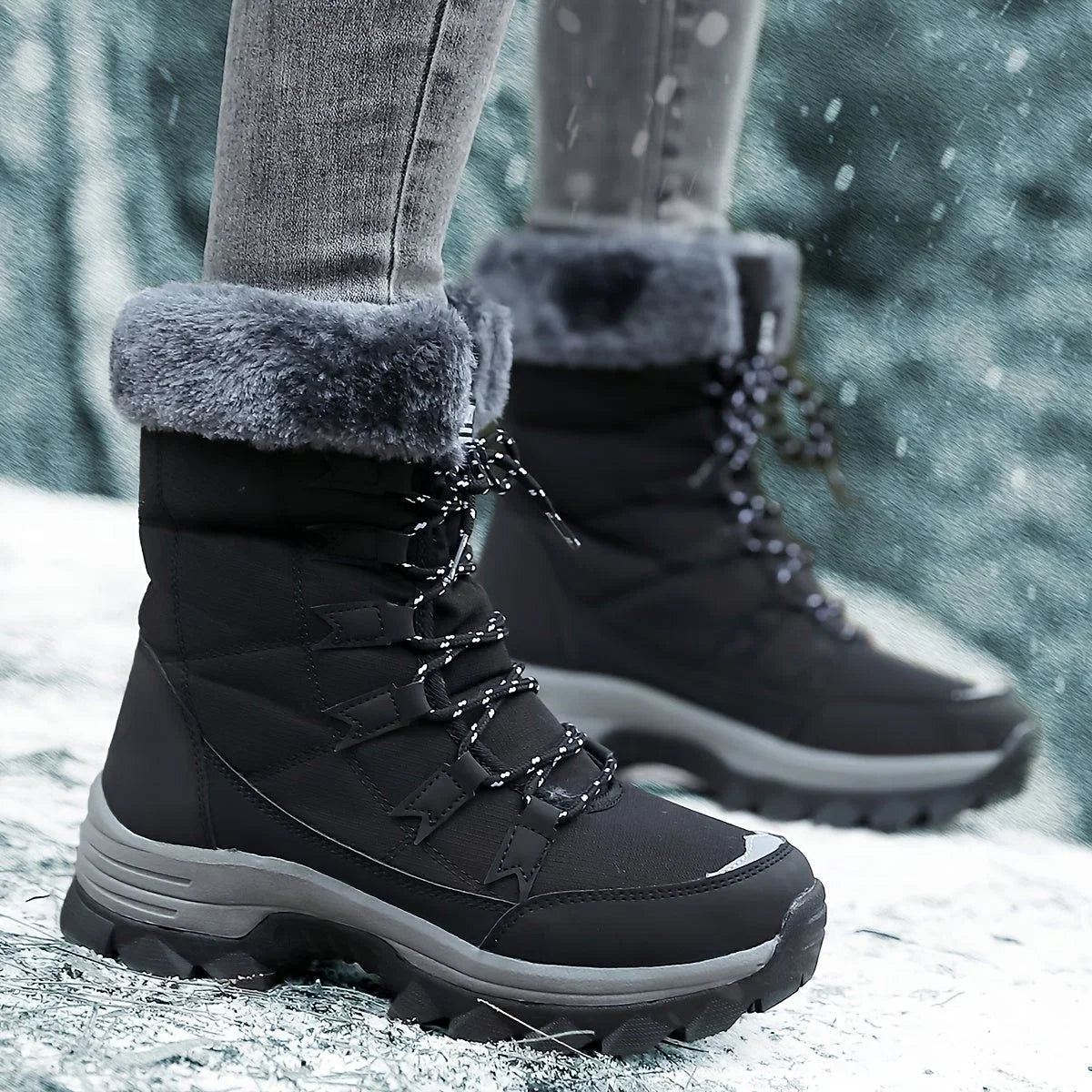 Winter Snow Boots Women's Faux Fur Lined Beige Lace-Up – Casual, Outdoor, Cold Weather, Gift