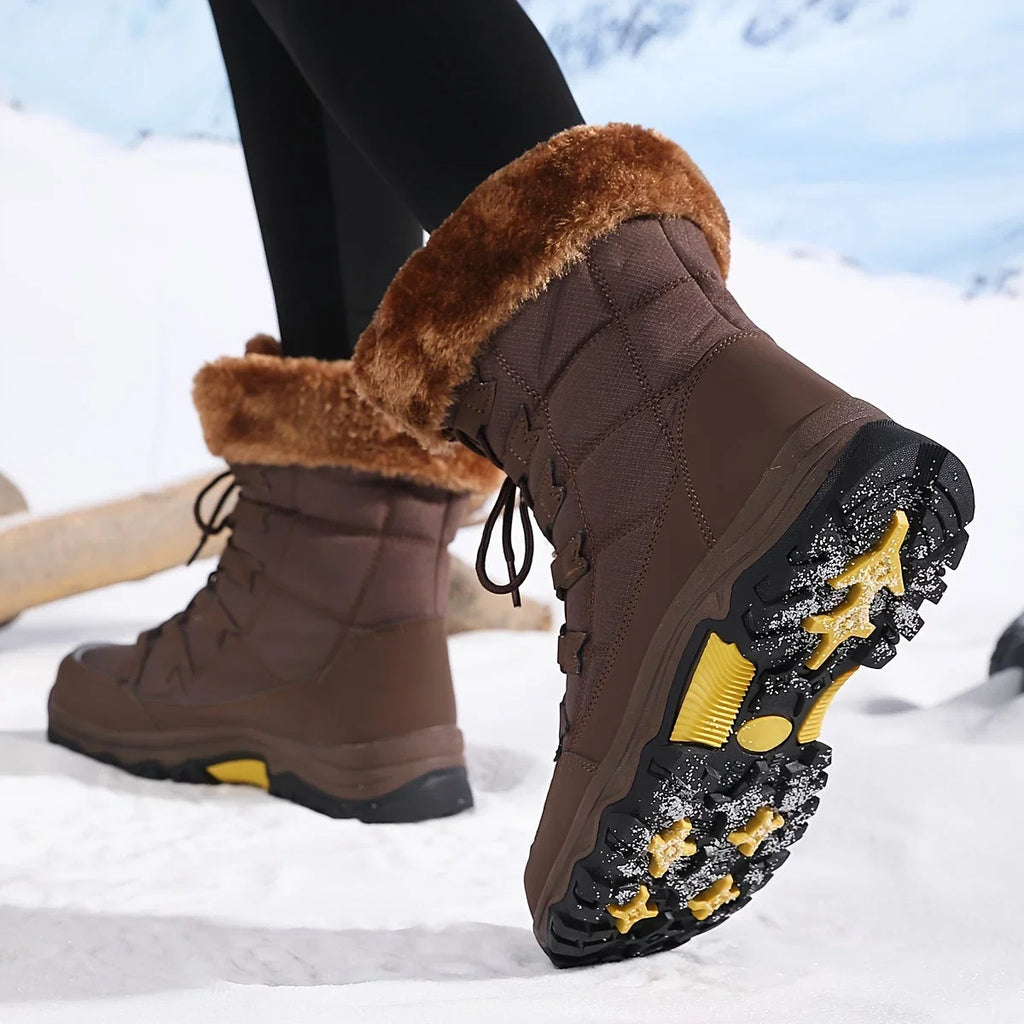 Winter Snow Boots Women's Faux Fur Lined Beige Lace-Up – Casual, Outdoor, Cold Weather, Gift