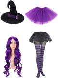 Witch Costume Accessory Set Purple Black Wig Hat Tutu Striped Tights Women's – Halloween, Fancy Dress, Party