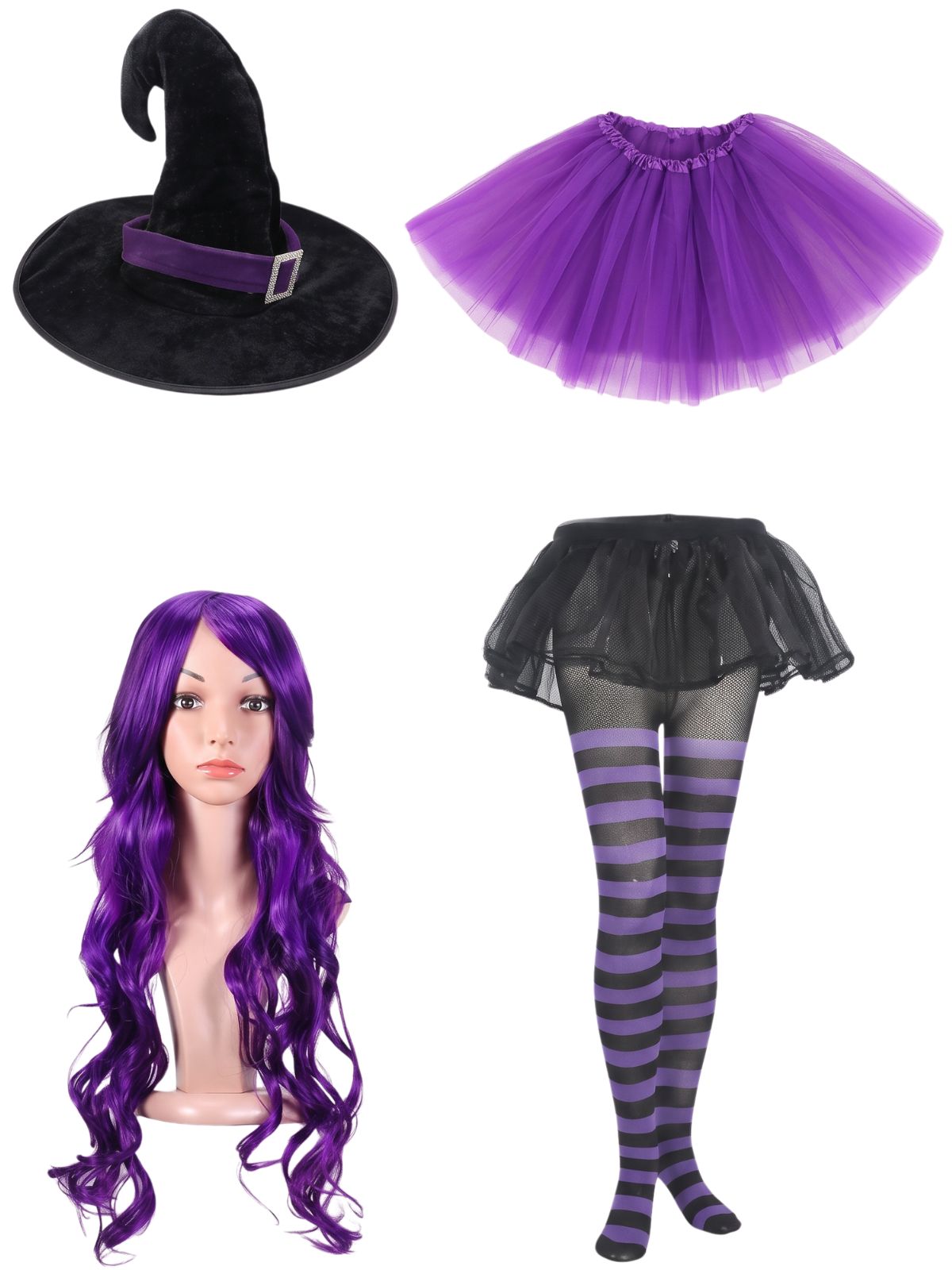 Witch Costume Accessory Set Purple Black Wig Hat Tutu Striped Tights Women's – Halloween, Fancy Dress, Party