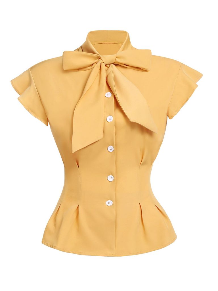 Women's 2 Piece Set Yellow Bow Blouse & Grey Plaid Suspender Trousers – Vintage, Office, Casual, Gift