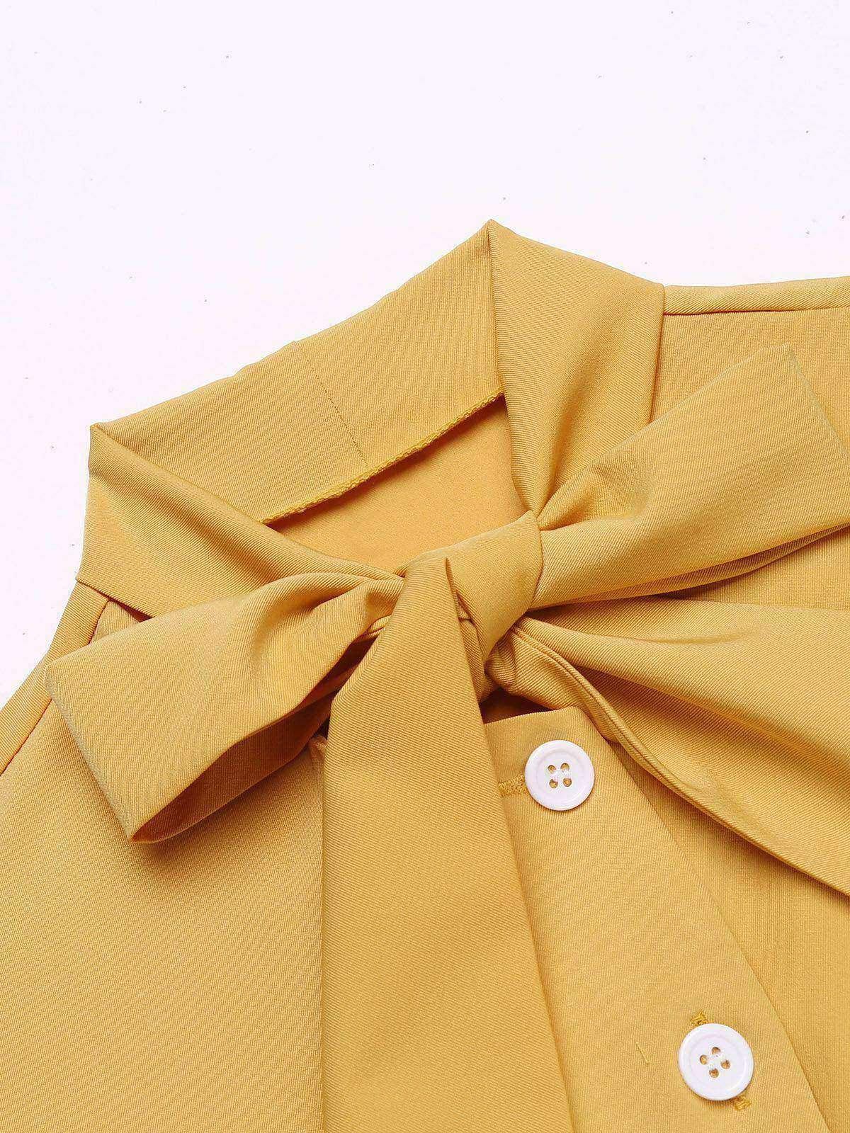 Women's 2 Piece Set Yellow Bow Blouse & Grey Plaid Suspender Trousers – Vintage, Office, Casual, Gift