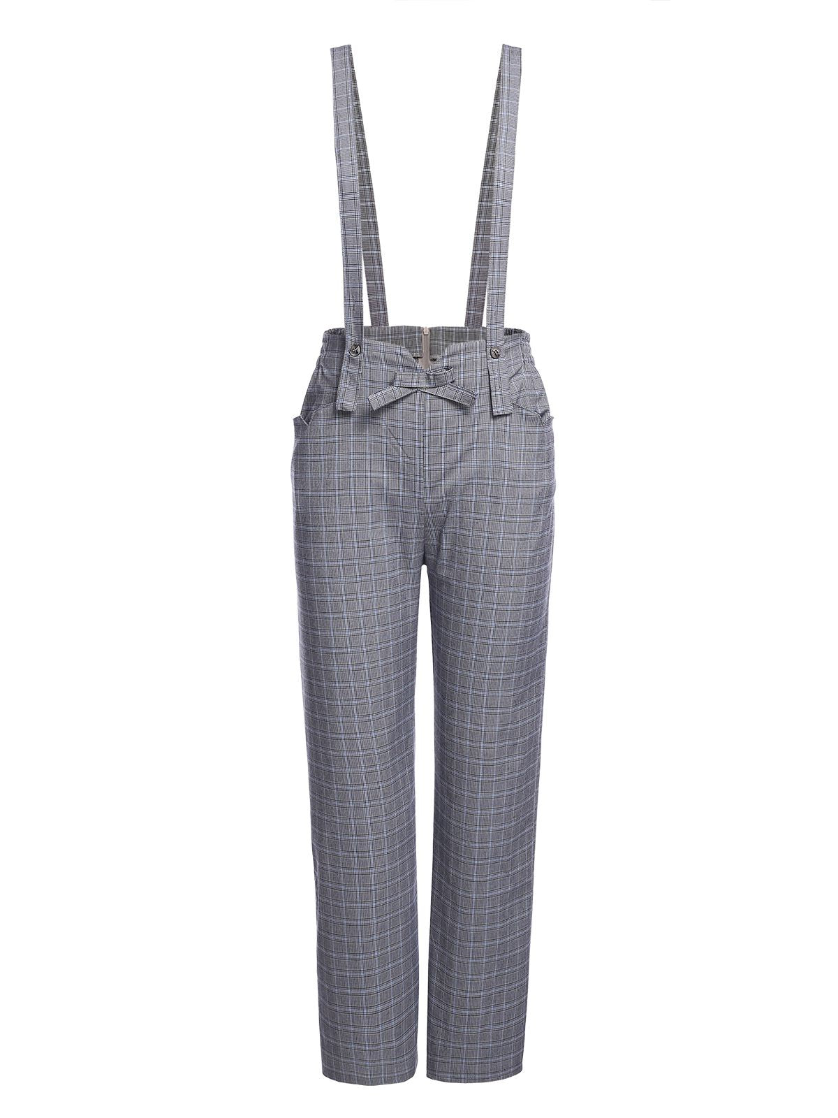 Women's 2 Piece Set Yellow Bow Blouse & Grey Plaid Suspender Trousers – Vintage, Office, Casual, Gift