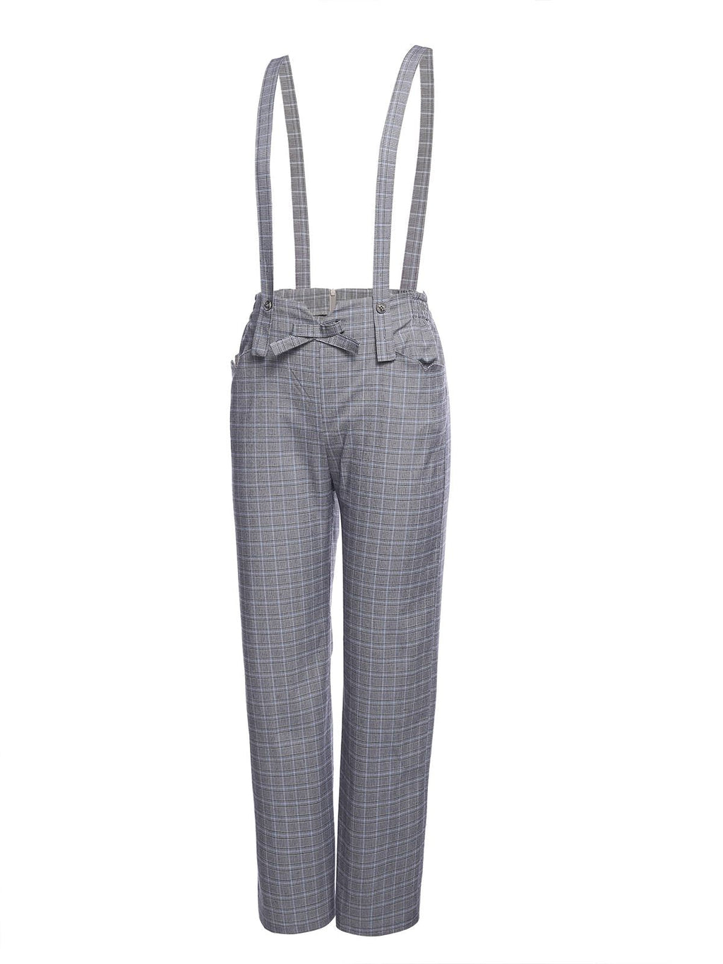 Women's 2 Piece Set Yellow Bow Blouse & Grey Plaid Suspender Trousers – Vintage, Office, Casual, Gift