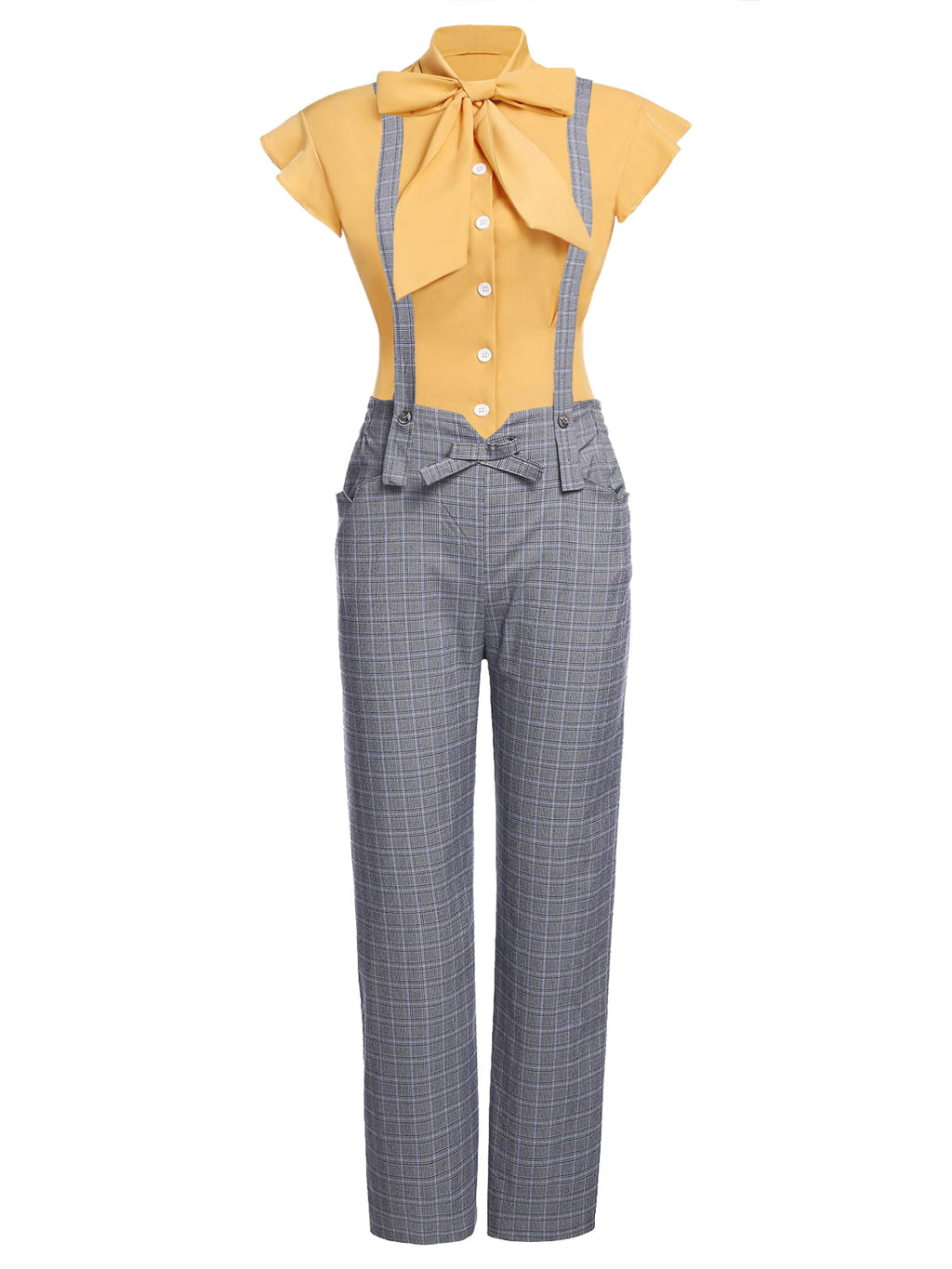 Women's 2 Piece Set Yellow Bow Blouse & Grey Plaid Suspender Trousers – Vintage, Office, Casual, Gift