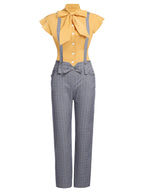 Women's 2 Piece Set Yellow Bow Blouse & Grey Plaid Suspender Trousers – Vintage, Office, Casual, Gift