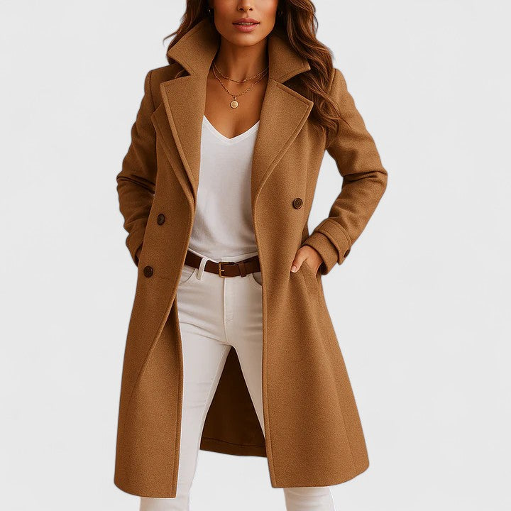 Women's Coat Black Long Wool-Blend Notch Lapel Overcoat – Office, Casual, Winter, Gift