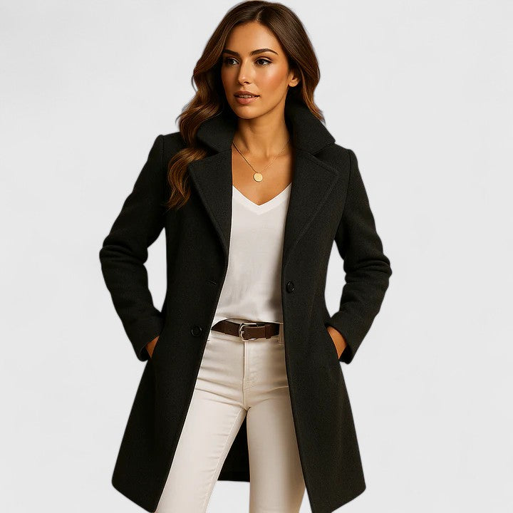 Women's Coat Black Long Wool-Blend Notch Lapel Overcoat – Office, Casual, Winter, Gift