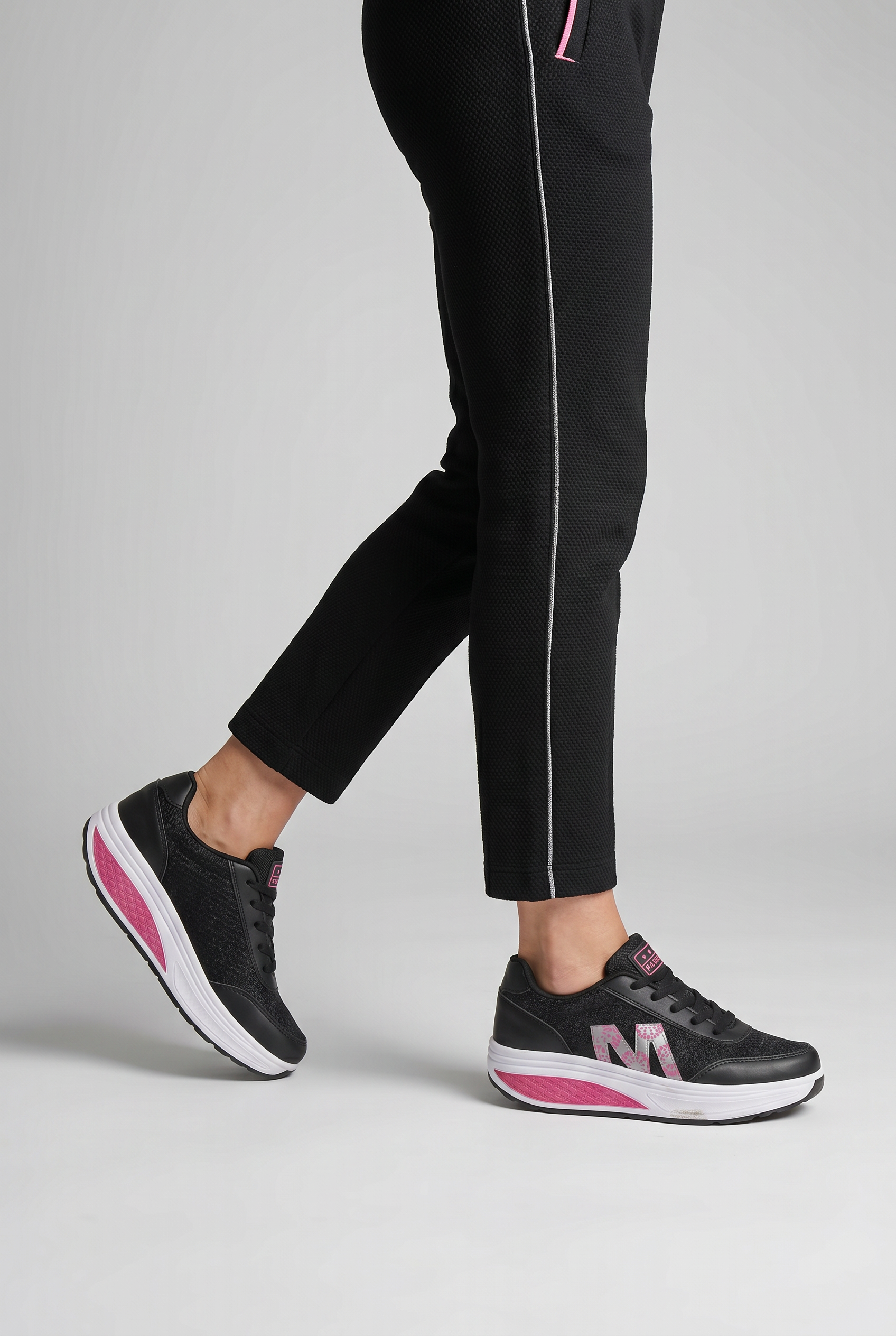 Women's Platform Trainers Black Pink Lace-Up Cushioned Sole – Casual, Walking, Everyday Gift