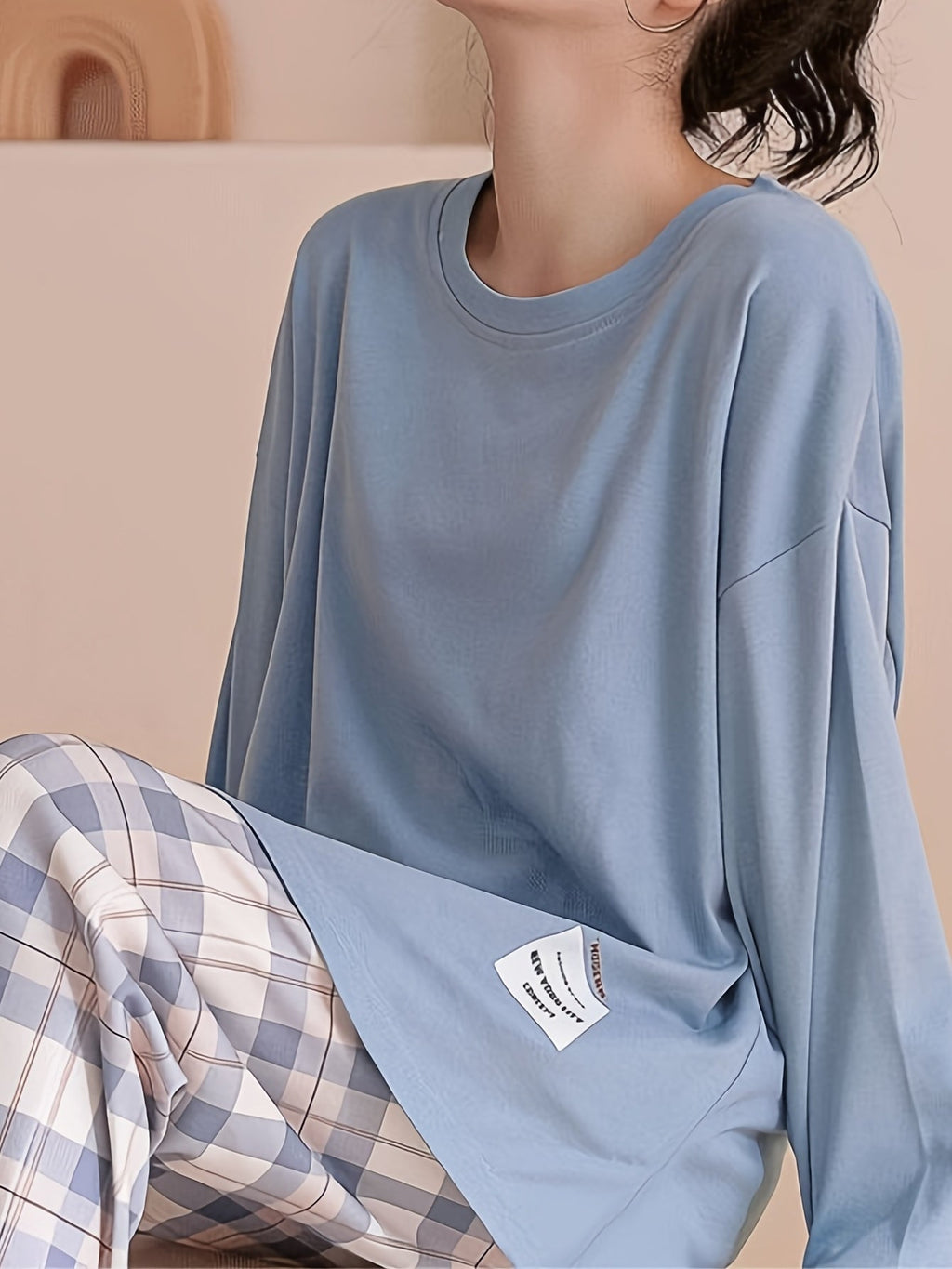 Women's Pyjama Set Pink Long Sleeve Top Plaid Trousers – Sleepwear, Loungewear, Home, Gift