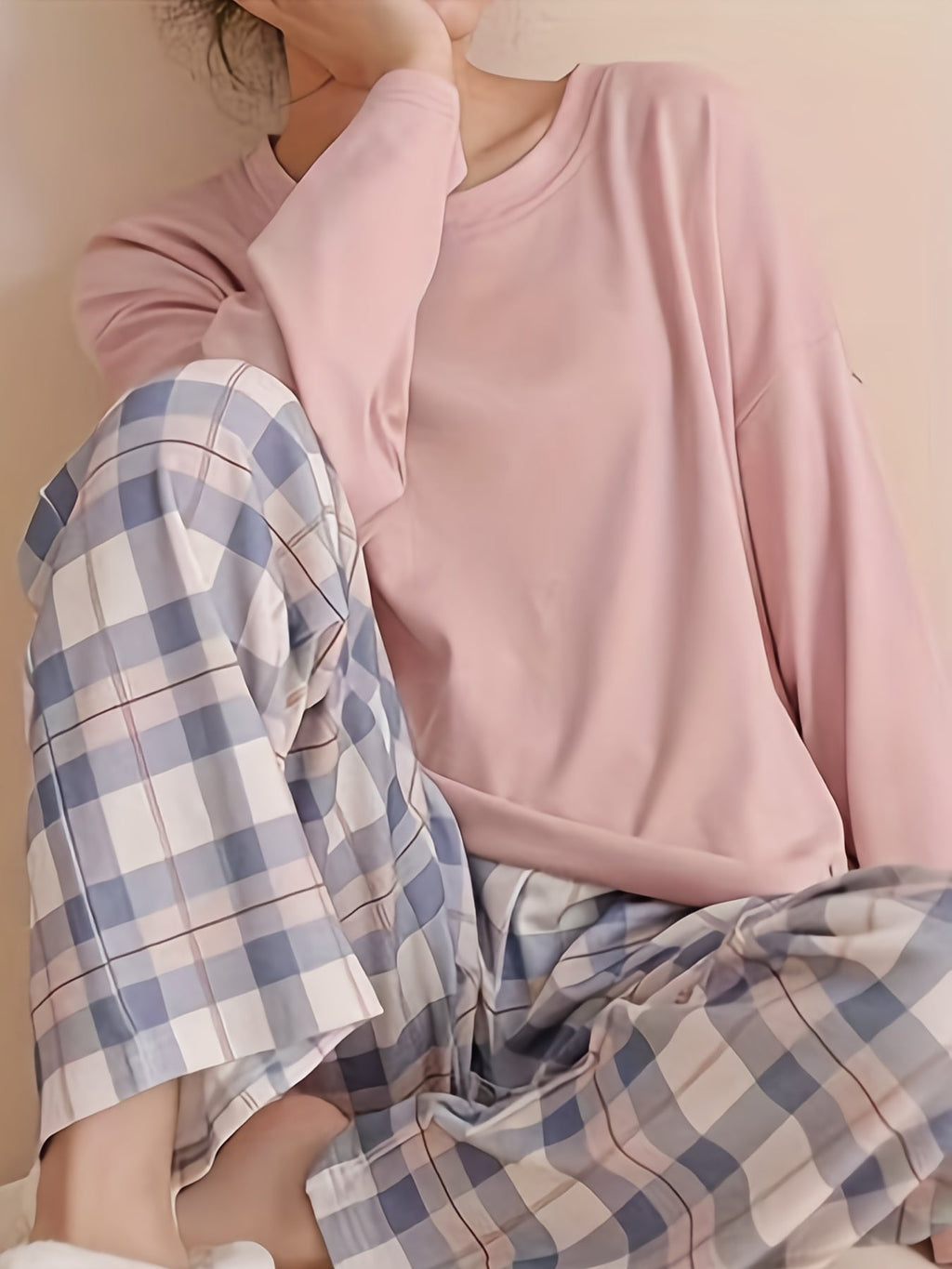 Women's Pyjama Set Pink Long Sleeve Top Plaid Trousers – Sleepwear, Loungewear, Home, Gift