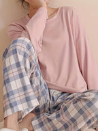 Women's Pyjama Set Pink Long Sleeve Top Plaid Trousers – Sleepwear, Loungewear, Home, Gift