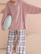 Women's Pyjama Set Pink Long Sleeve Top Plaid Trousers – Sleepwear, Loungewear, Home, Gift